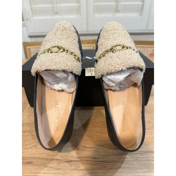 Coach Helena C Chain Loafers Leather & Shearling Black Cream Gold Size 6.5 NIB - Picture 10 of 15